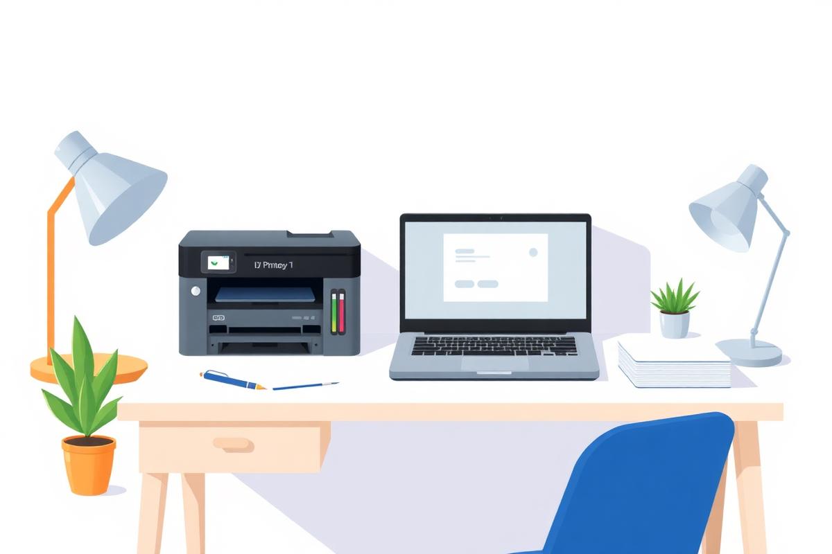 Modern printer on a clean desk with laptop and paper
